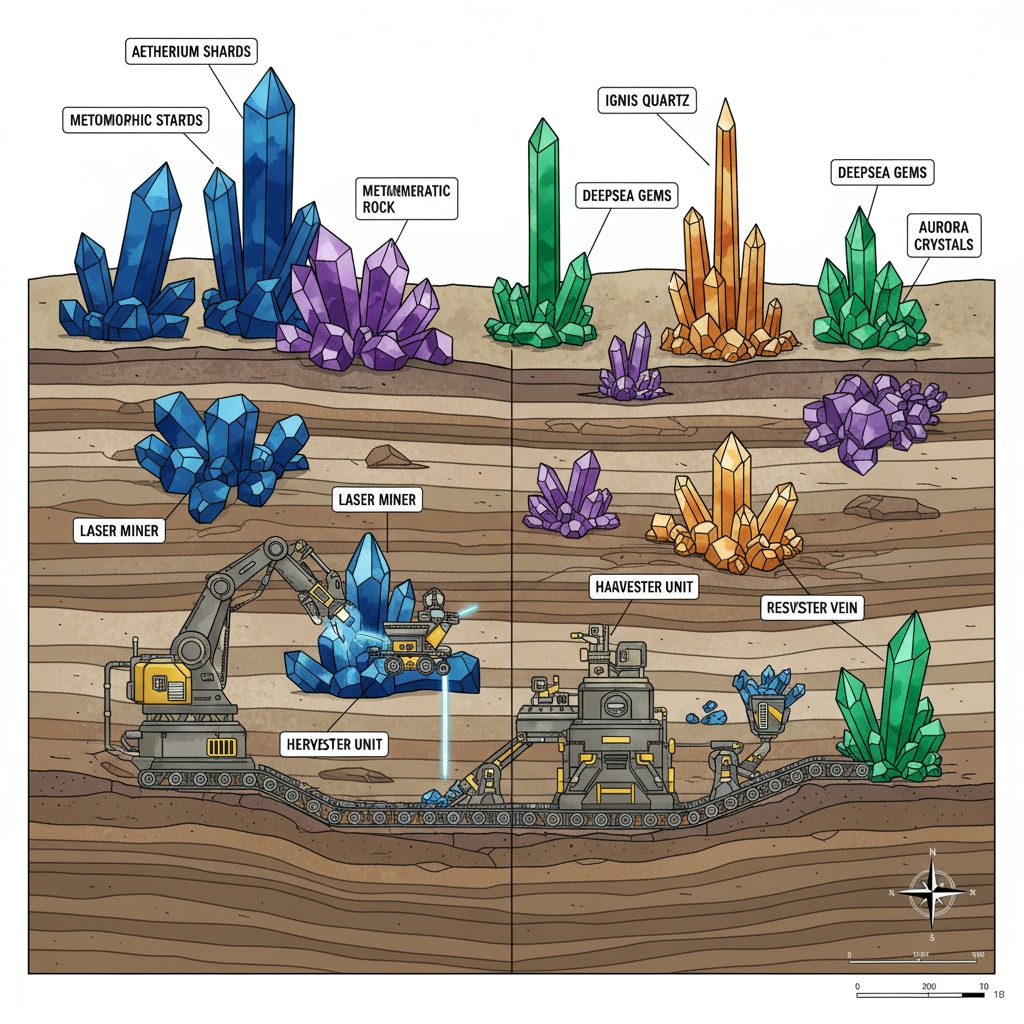 A close-up view of a procedurally generated landscape in the game with different types of crystals and mining equipment. Close-up of the procedurally generated landscape in Math Crystal Miner game with crystals and mining gear.