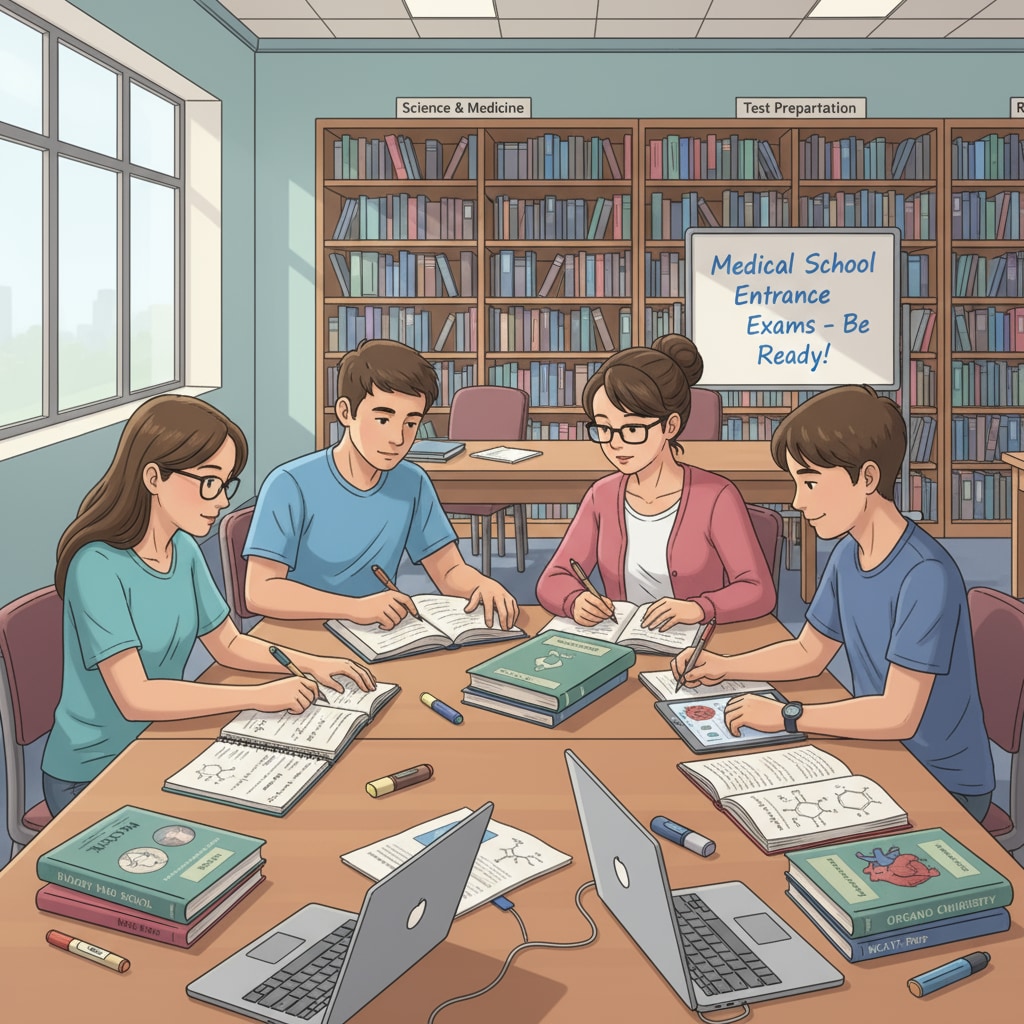 A group of high school students are sitting at tables in a library, books and study materials spread out in front of them, focused on preparing for medical school entrance exams. High school students studying for medical school entrance exams to deal with learning anxiety and fill knowledge gaps
