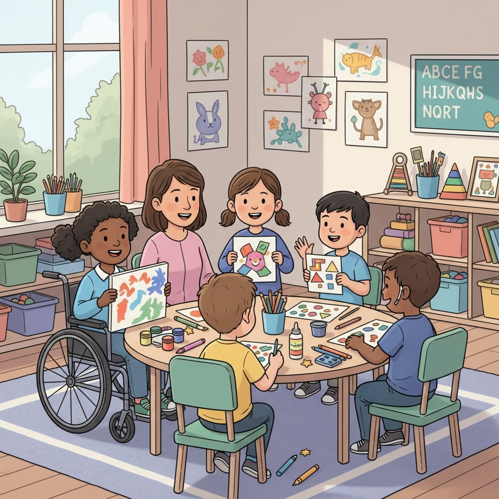 A group of special needs children are participating in an art activity in a small, supportive learning environment. Special needs children engaged in an alternative learning activity