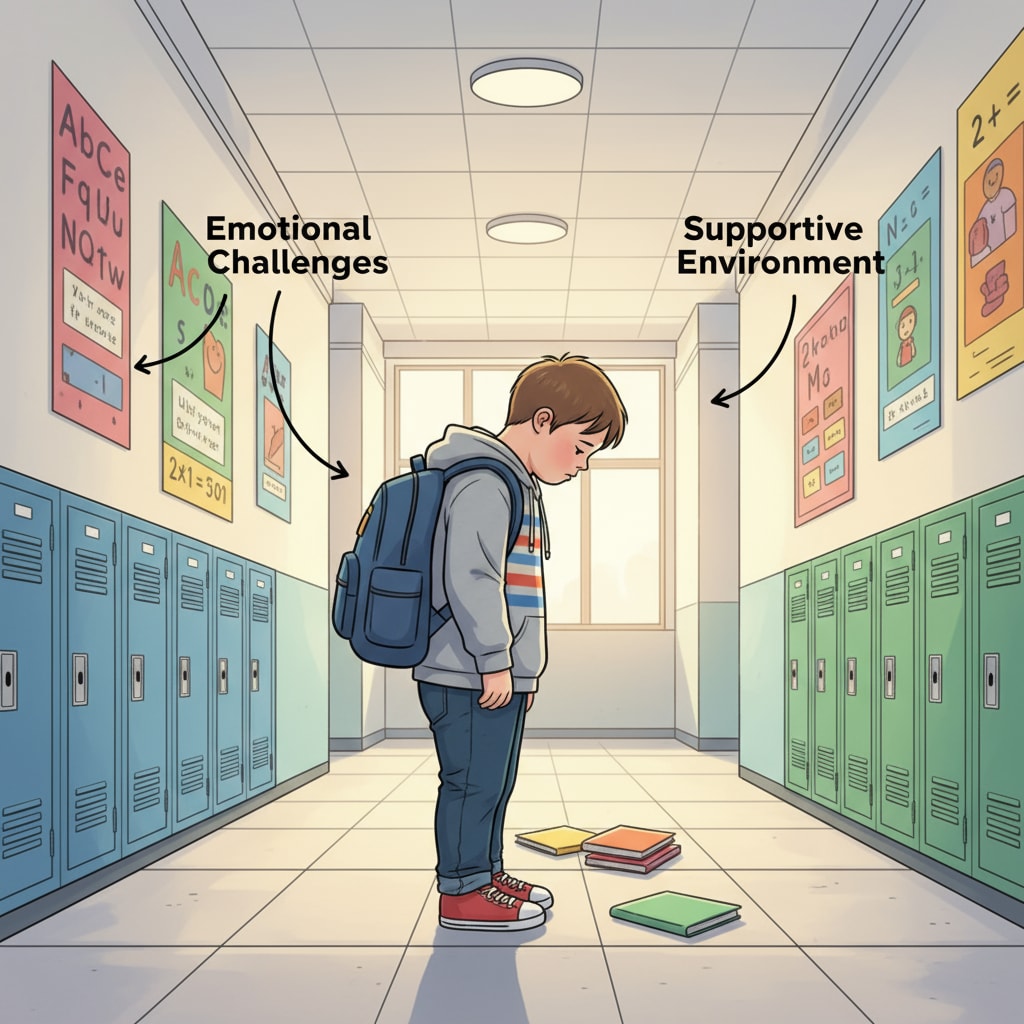 A young special needs child is standing in a school corridor, looking downcast with a backpack on. A special needs child showing signs of school trauma in a school corridor