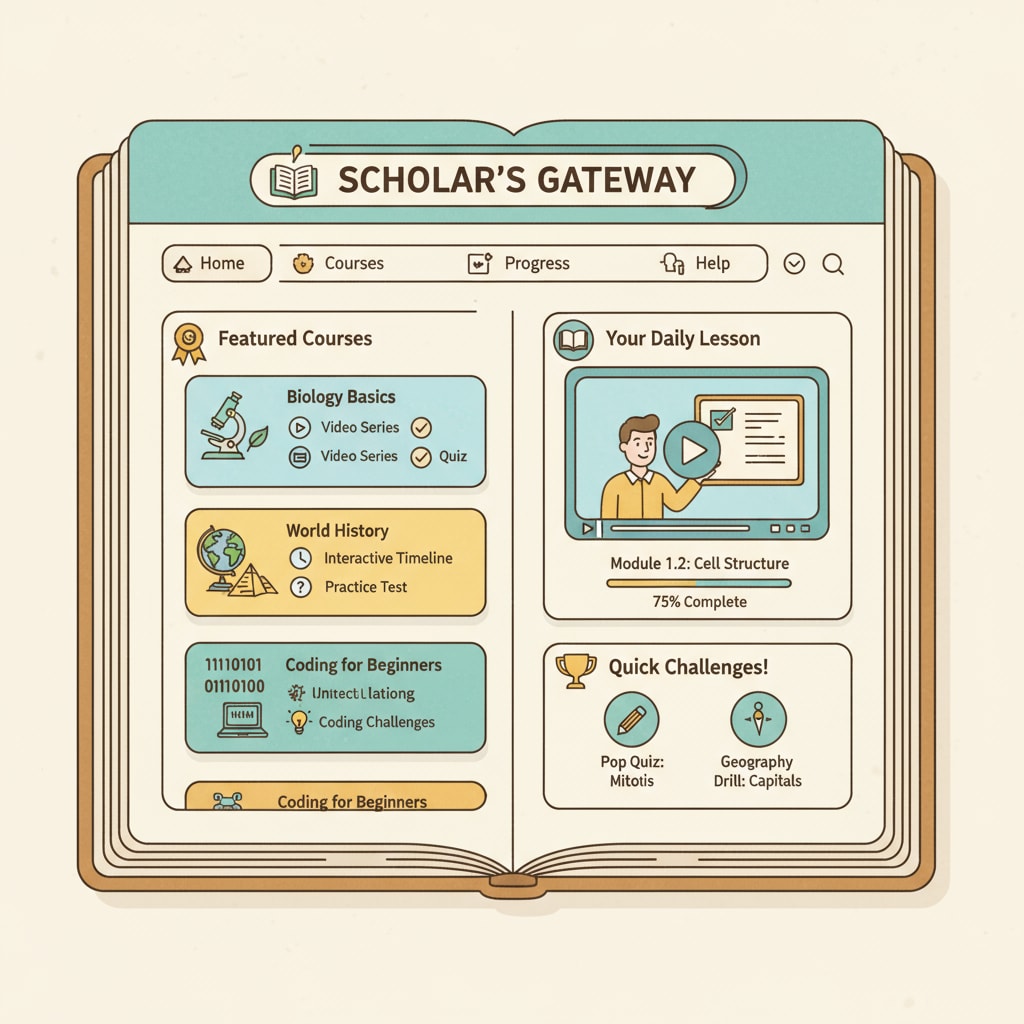 The interface of an online learning platform shows a variety of courses available, with interactive elements like videos and quizzes. Online learning platform for family education academic resources and teaching arrangements