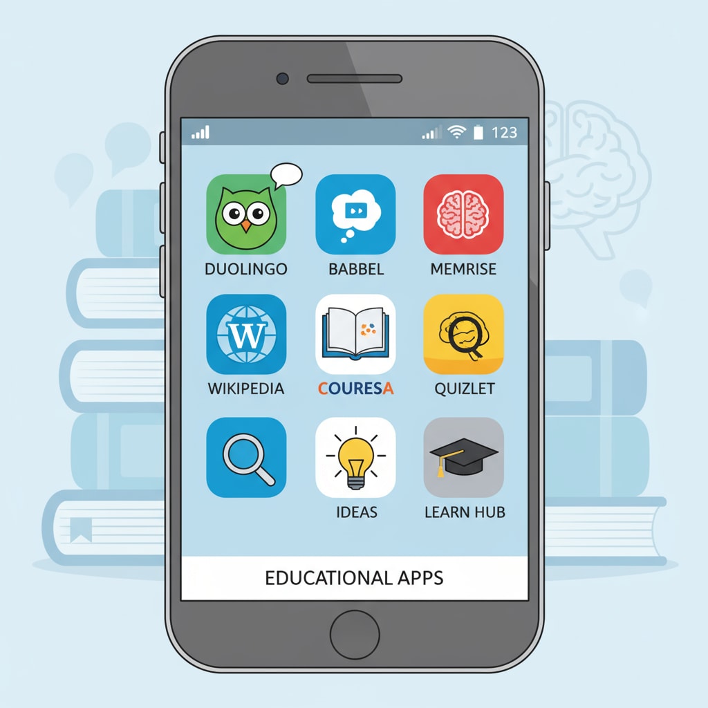 A mobile screen displays icons of popular educational apps, including language learning and general knowledge apps. Educational apps for enhancing family education academic resources and teaching arrangements