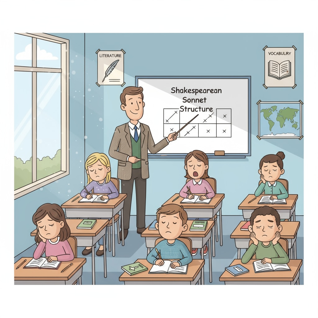 A classroom scene where students look bored during an English class. The teacher is standing in front, and the students seem uninterested in the lesson. Bored students in an English class affected by strict teacher and content changes
