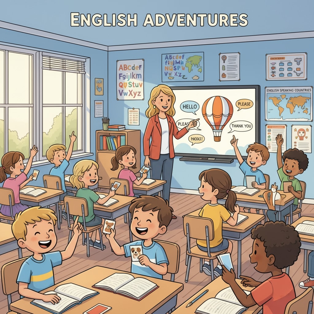 Students actively participating in an interesting English class. They are raising their hands, smiling, and engaged in the activities. Engaged students in an appealing English class before the negative changes