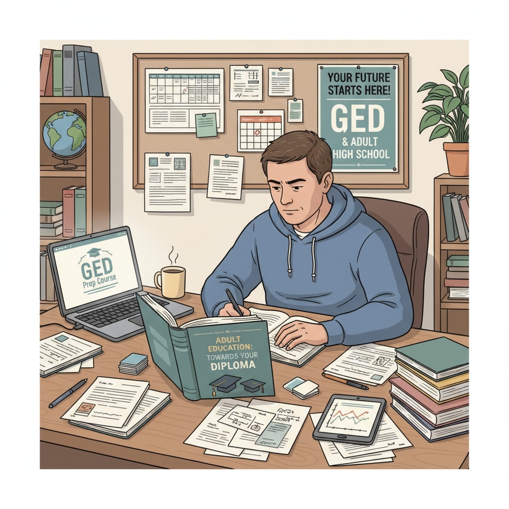 A person is shown sitting at a desk, surrounded by study materials, presumably studying for either a GED test or an adult high school diploma program. A person studying for GED or adult high school diploma related to college application