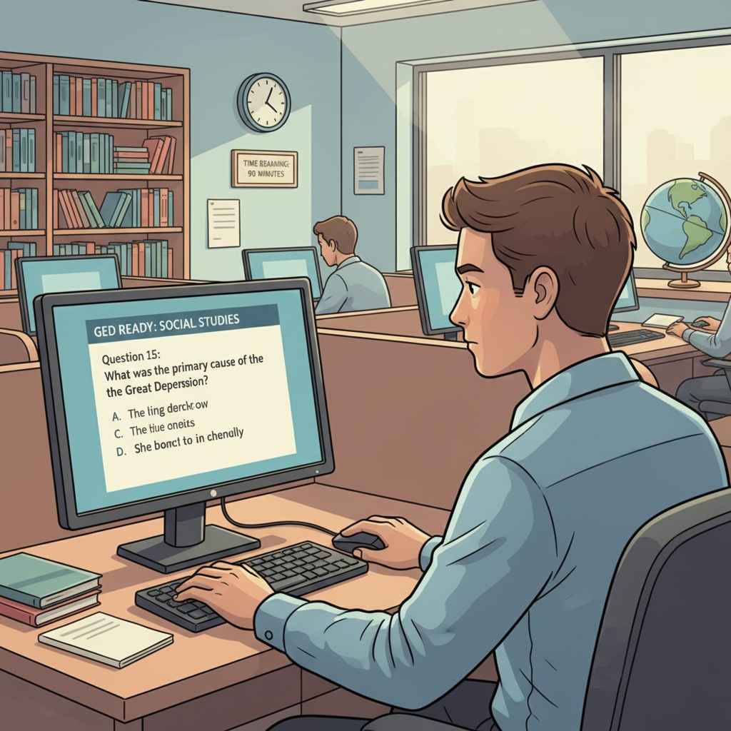 A person is depicted in a testing room, taking the GED test, with a focused expression on their face. A person taking the GED test as part of college application preparation