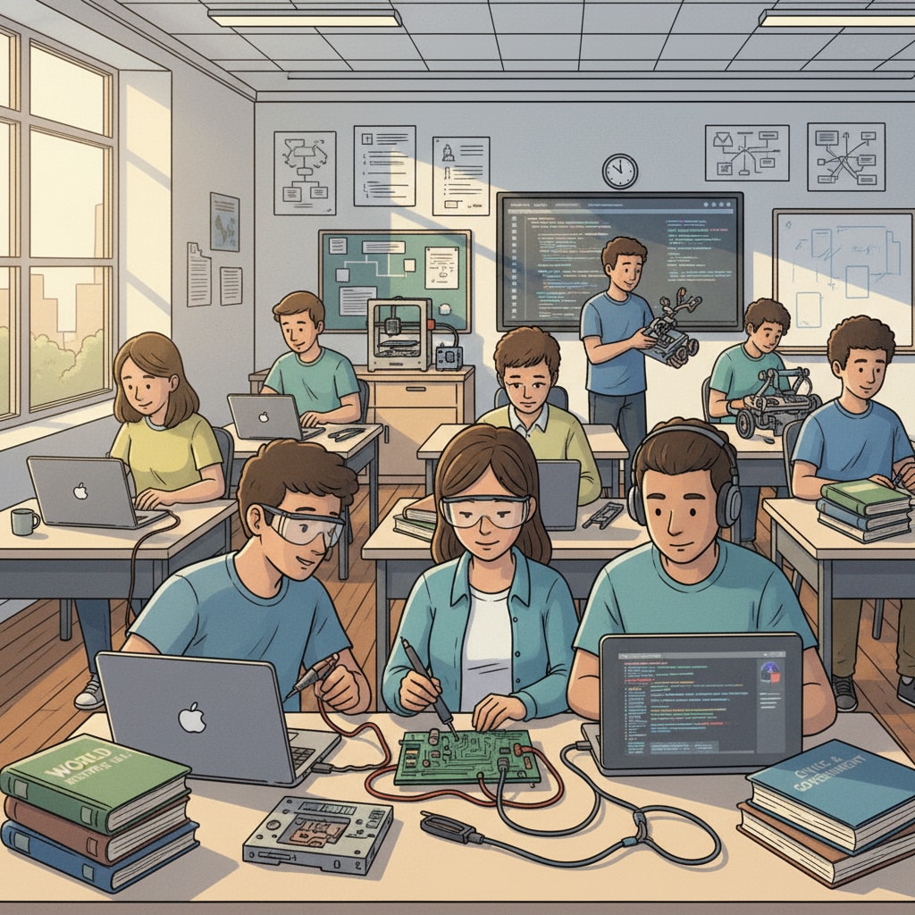 A classroom scene where students are focusing on skill - based tasks rather than learning basic knowledge. Students are busy with laptops and hands - on projects, with textbooks on history and civics left untouched on their desks. Classroom scene showing the overemphasis on skills over basic knowledge in K12 education