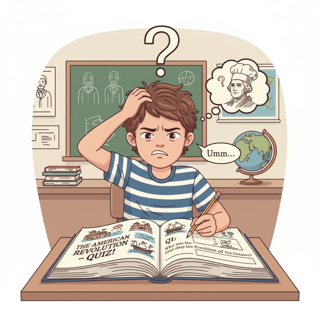 A student looking confused while trying to answer a question about historical events. The student is sitting at a desk with a history book open, scratching their head, indicating their lack of knowledge. Student's confusion due to lack of historical knowledge in K12 education