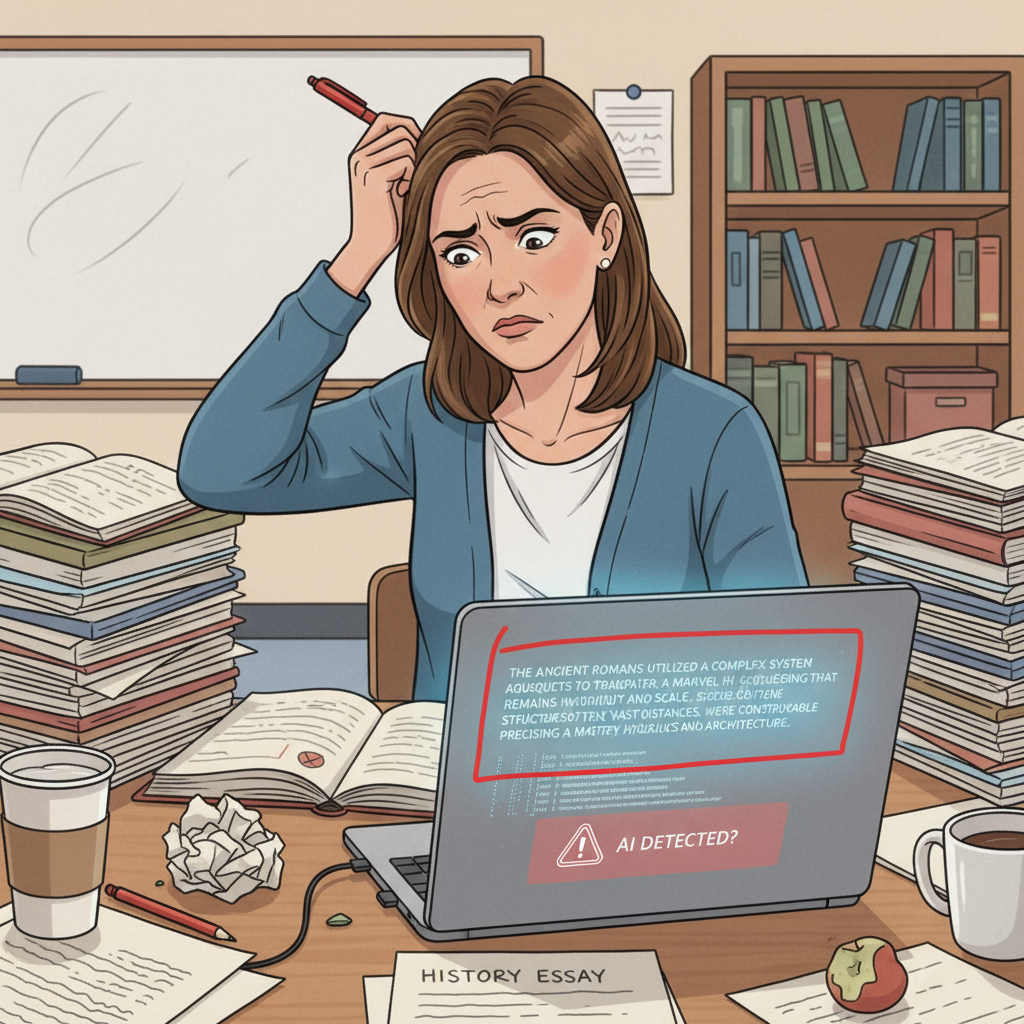 A teacher is depicted looking perplexed while grading student assignments. The open laptop shows an AI-generated text, highlighting the difficulties teachers face in determining the authenticity of student work for teaching assessment. Teacher facing challenges in grading due to AI-generated content affecting student assignments, teaching assessment, and parental awareness