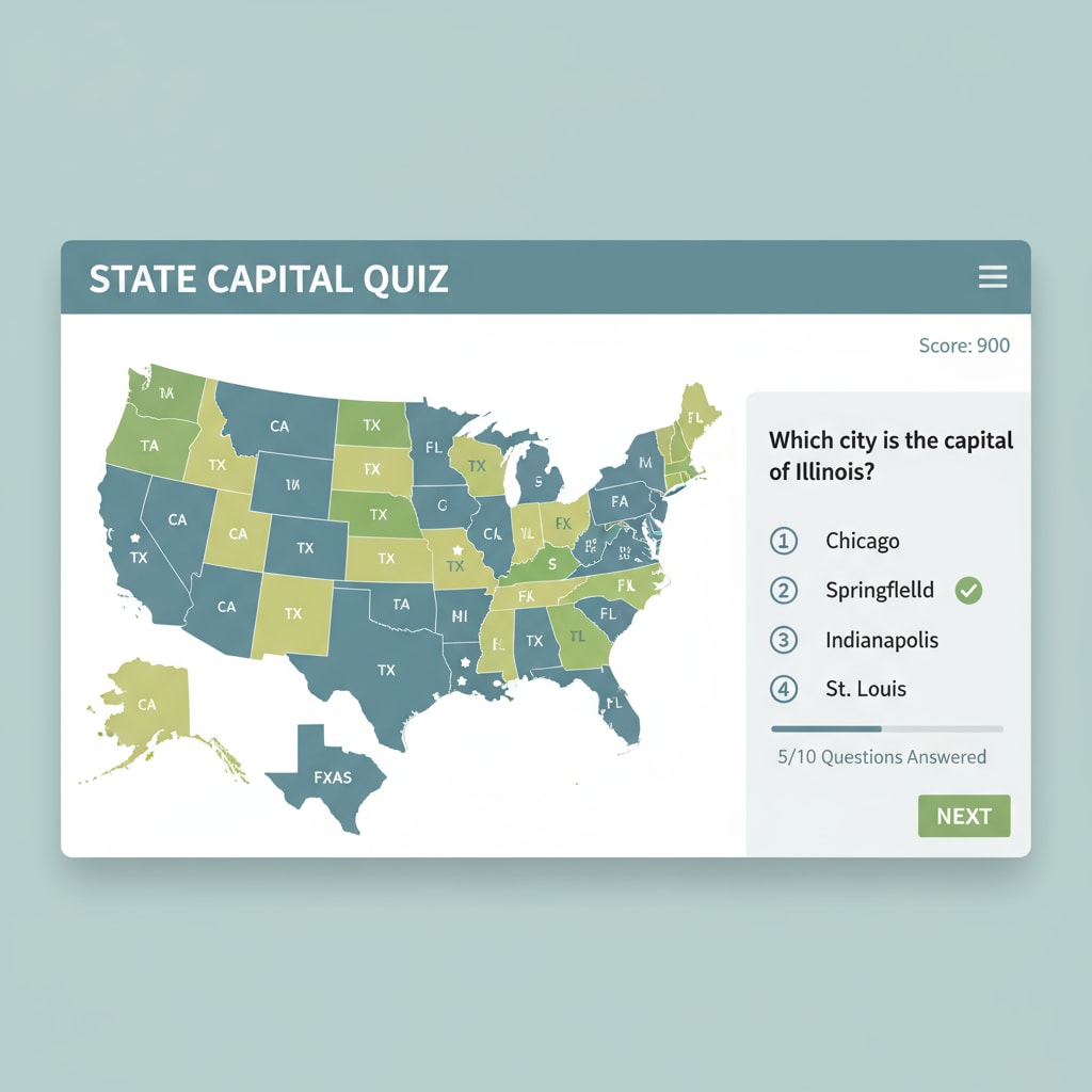 State capital learning app screenshot for US geography education