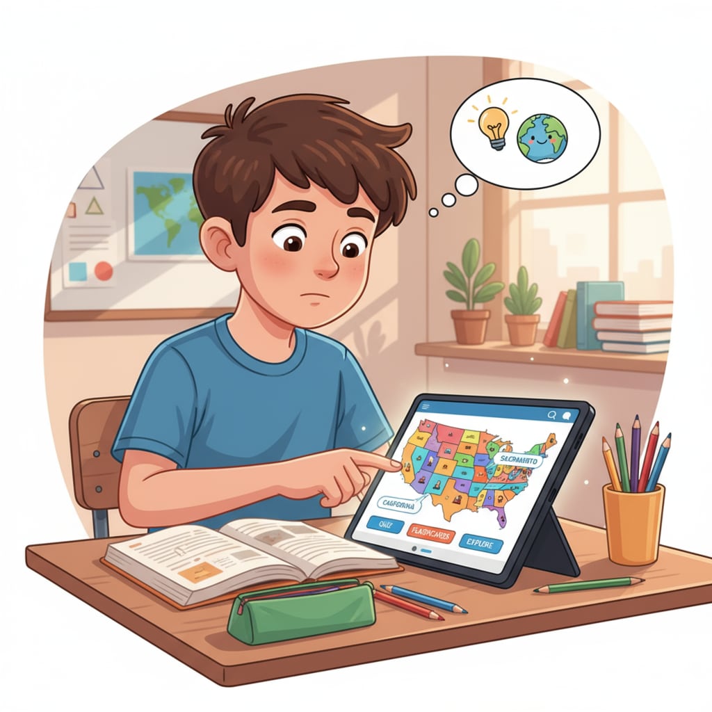 Student using state capital learning app for US geography education