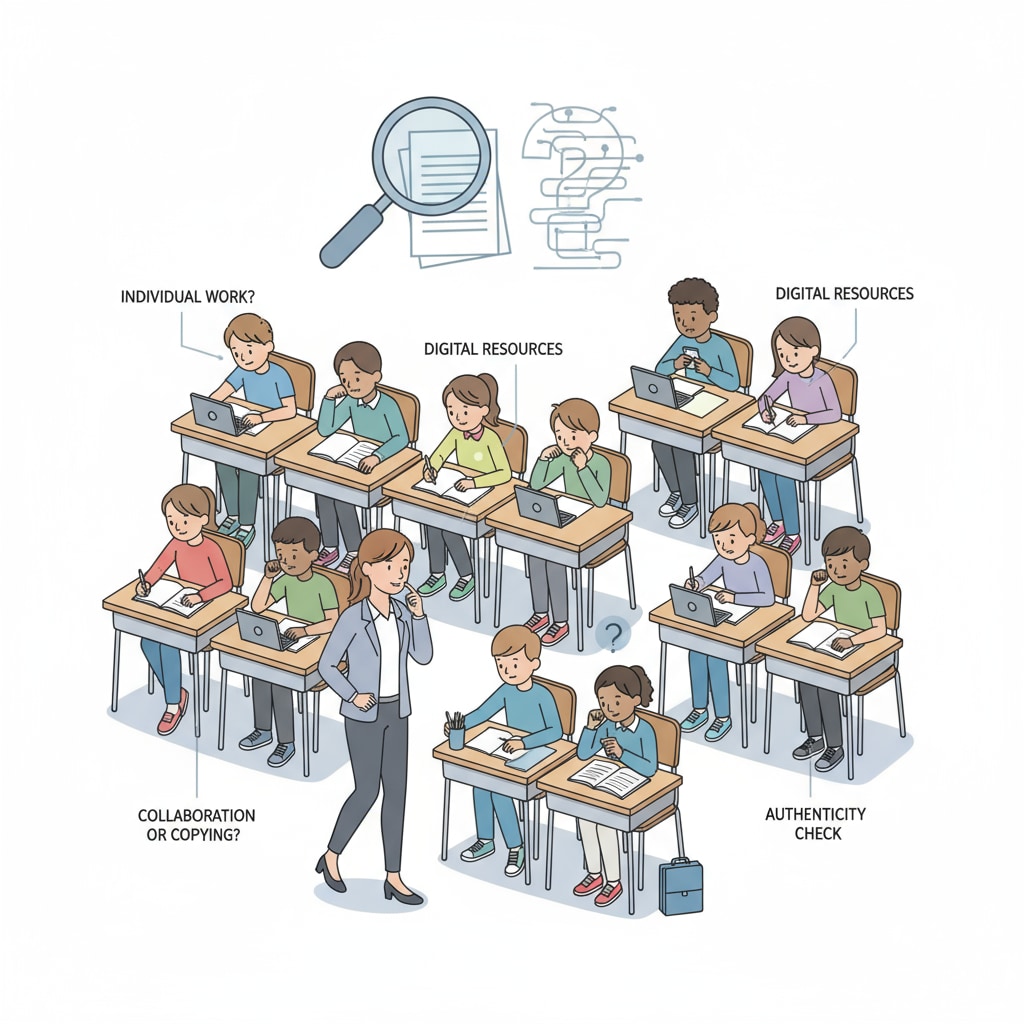 A classroom scene where students are working on assignments, and a teacher is walking around observing. This represents the daily educational assessment environment where the authenticity of student work is being questioned. Students working on assignments in a classroom, with a teacher observing, related to student assignment authenticity, teaching evaluation, and parental cognitive differences