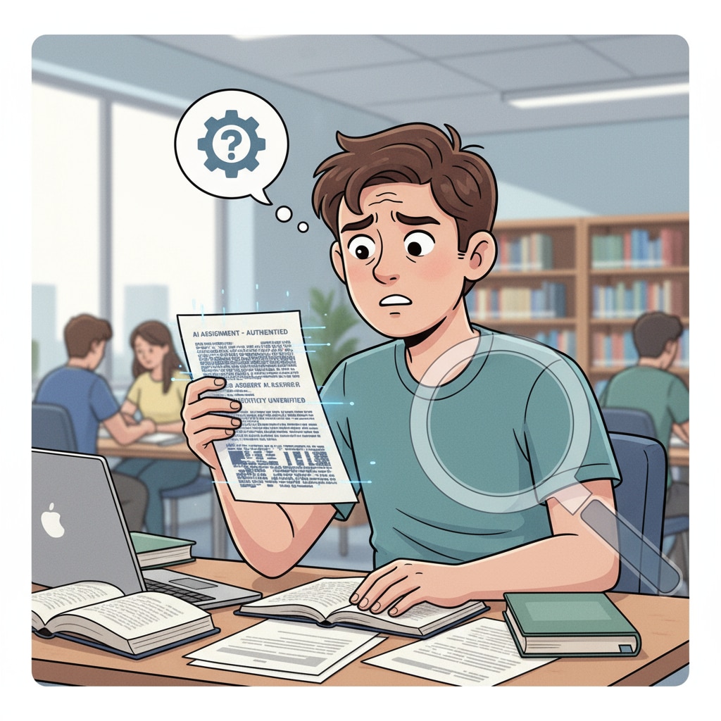 A student sitting at a desk, looking confused while holding a paper that is suspected to be an AI-generated assignment. This image emphasizes the authenticity issue in student assignments. A student sitting at a desk, looking confused while holding a paper with an AI-generated assignment, related to student assignment authenticity, teaching evaluation, and parental cognitive differences