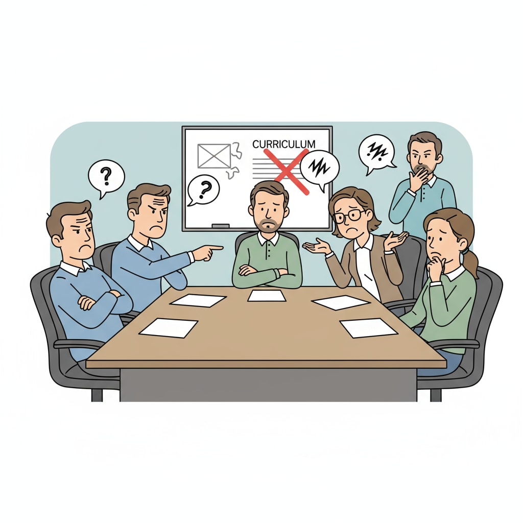 Teachers in conflict during a meeting, highlighting the hostile work environment and management dilemmas.
