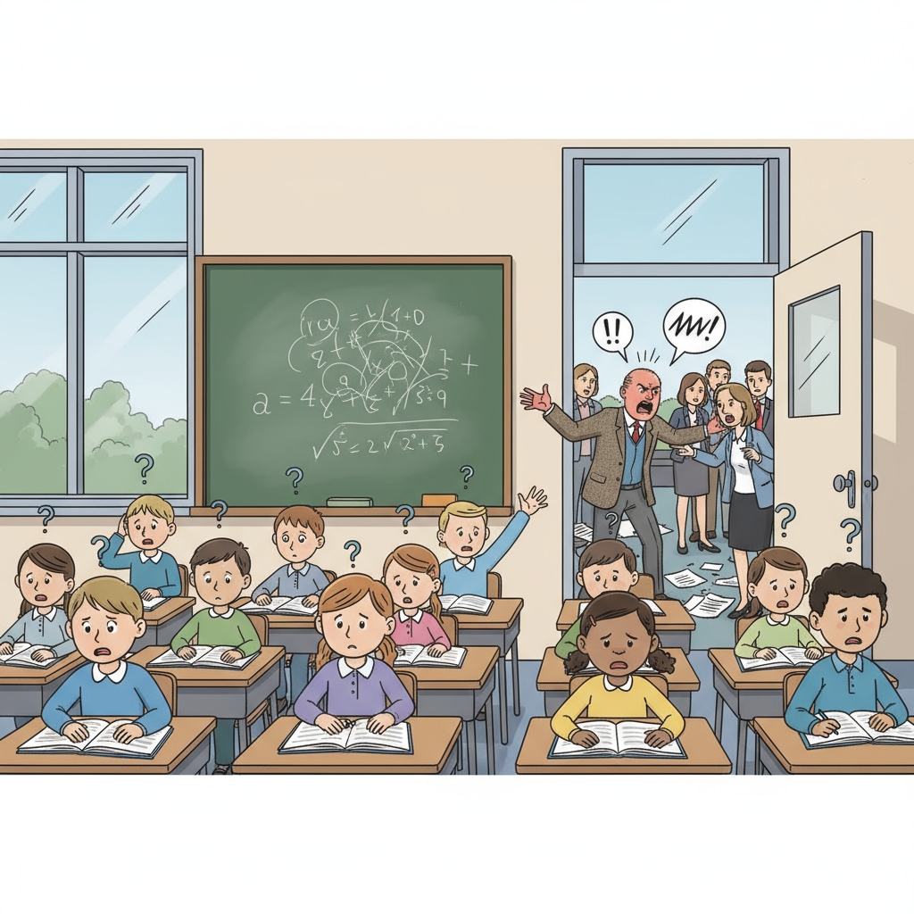 Classroom disrupted due to teacher conflict, demonstrating the negative impact on the learning environment and management challenges.