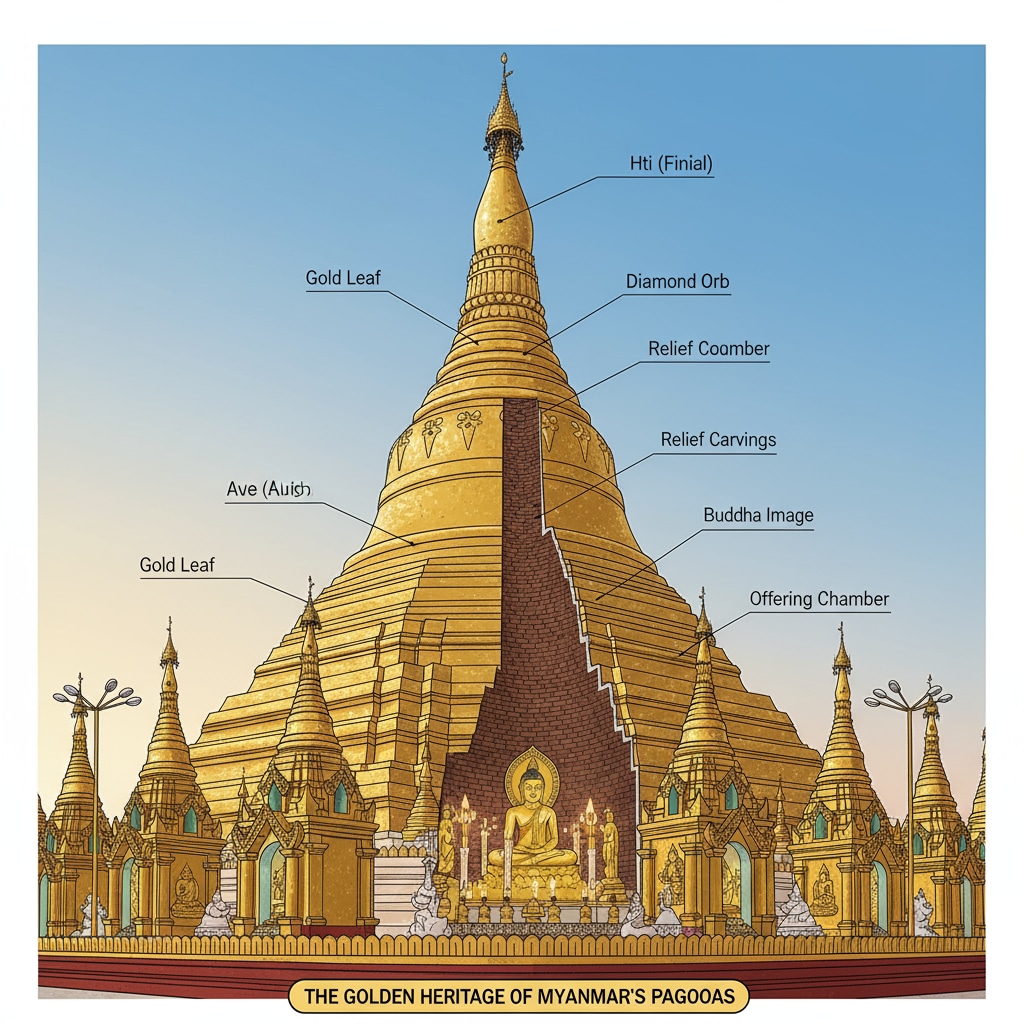 A close-up of the golden exterior of a Myanmar pagoda showcasing its cultural and religious importance
