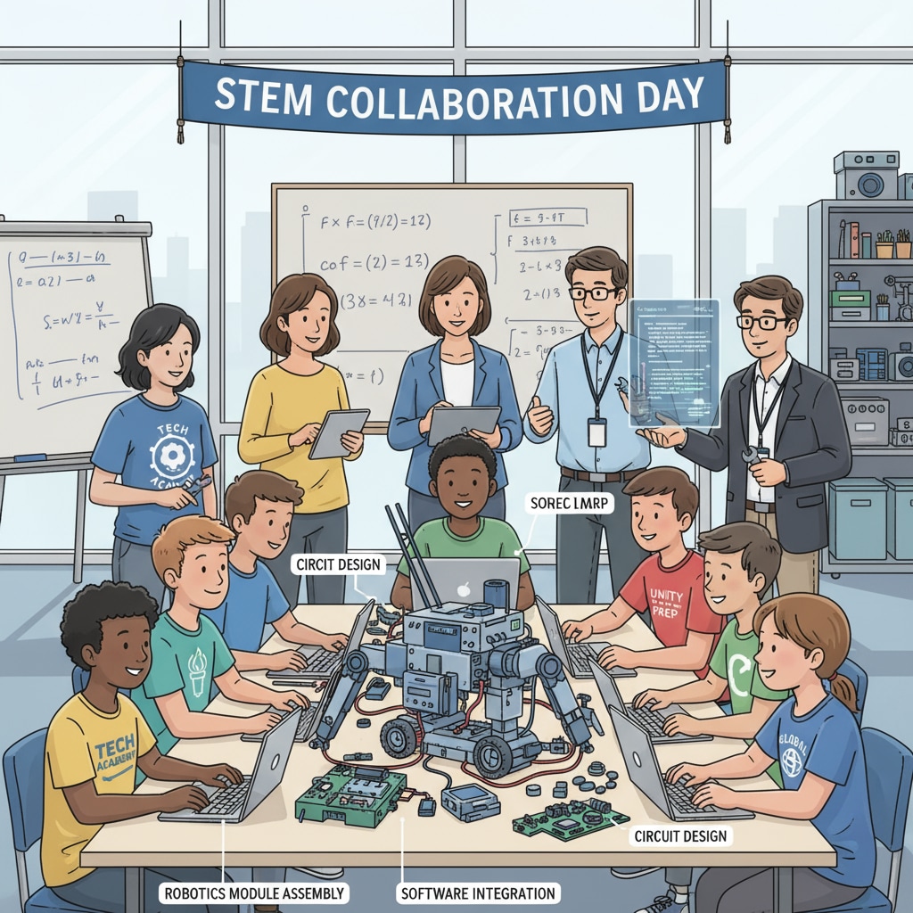 Students collaborating on a STEM project as part of cross - institutional partnerships in STEM education
