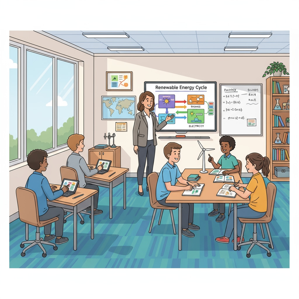 A group of students and a teacher are interacting in a classroom that has both digital and traditional teaching materials, representing a blended learning environment. Students and teacher in a blended teaching cycle learning environment