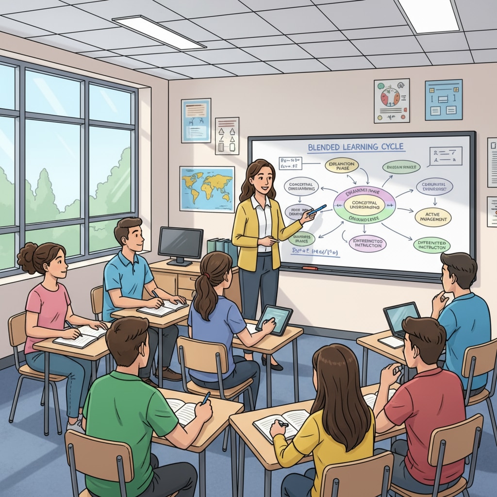 A teacher is using a whiteboard to explain a complex concept to students, with students actively listening and taking notes during the explanation phase of the blended teaching cycle. Teacher explaining a concept during the blended teaching cycle