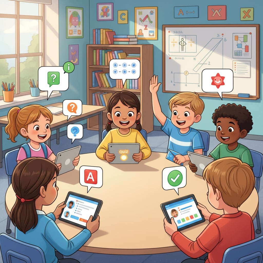 A group of students are using tablets in a classroom. They are actively engaged in interactive learning activities, such as answering quiz questions on the tablets, with smiles on their faces, indicating high levels of participation and enjoyment. Students engaged in interactive learning activities using tablets in a classroom, showcasing educational technology enhancing classroom learning and student engagement