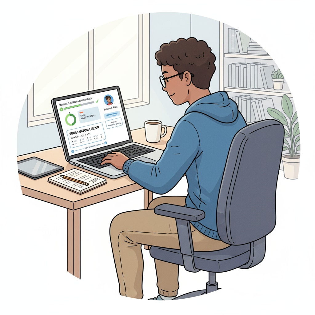 A student is sitting at a desk, focused on a laptop screen that displays a personalized learning software interface. The interface shows customized lessons and progress tracking for the student, highlighting the use of technology for personalized learning. Student using a laptop with personalized learning software interface, demonstrating how educational technology caters to individual learning needs and boosts student engagement