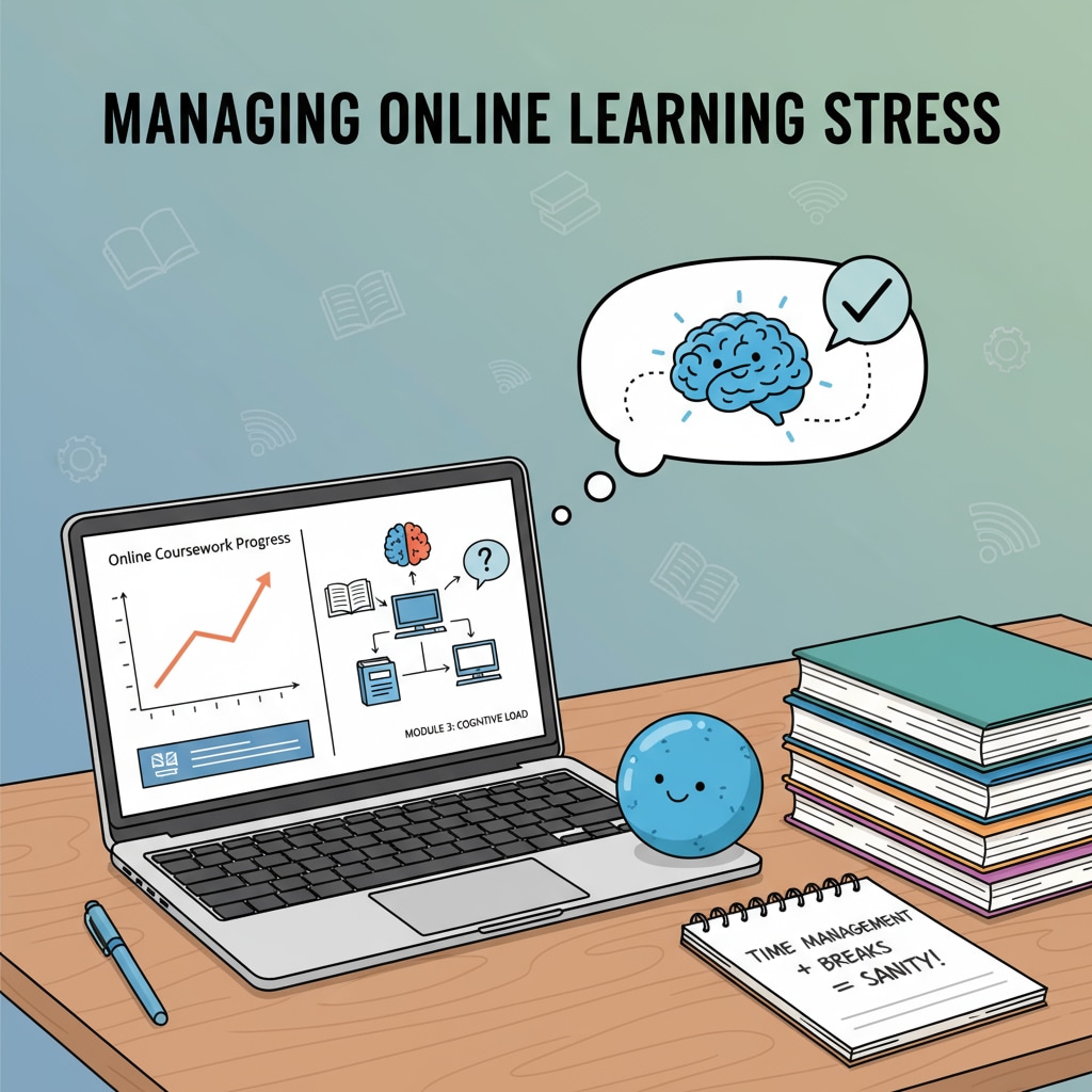 A student managing mental stress during online learning while looking at study materials on a laptop