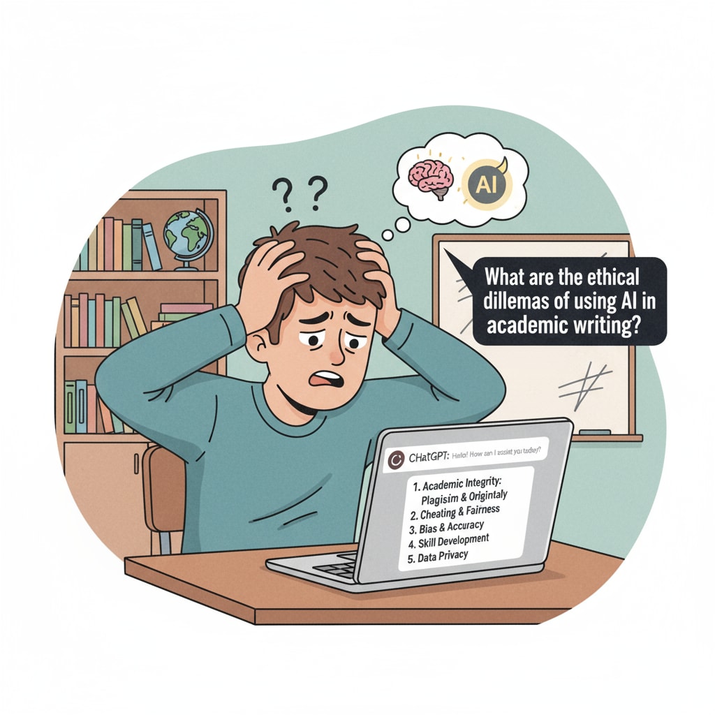 Stressed student using ChatGPT and facing moral dilemmas in academic work