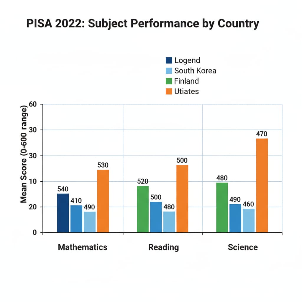 PISA assessment results graph showing performance of different countries in various subjects