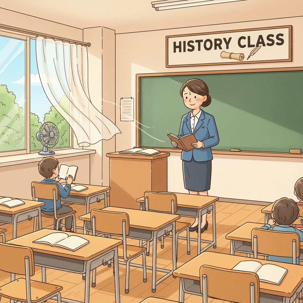 A teacher in a hot classroom with no air conditioning, dressed professionally.