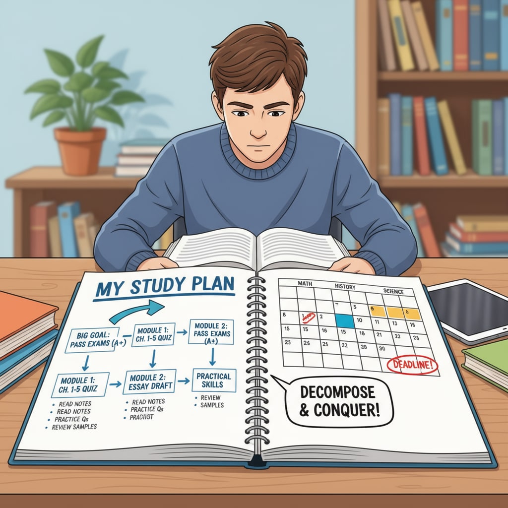 A student creating a study plan with decomposed goals for ensuring learning success and reaching 90% scores.