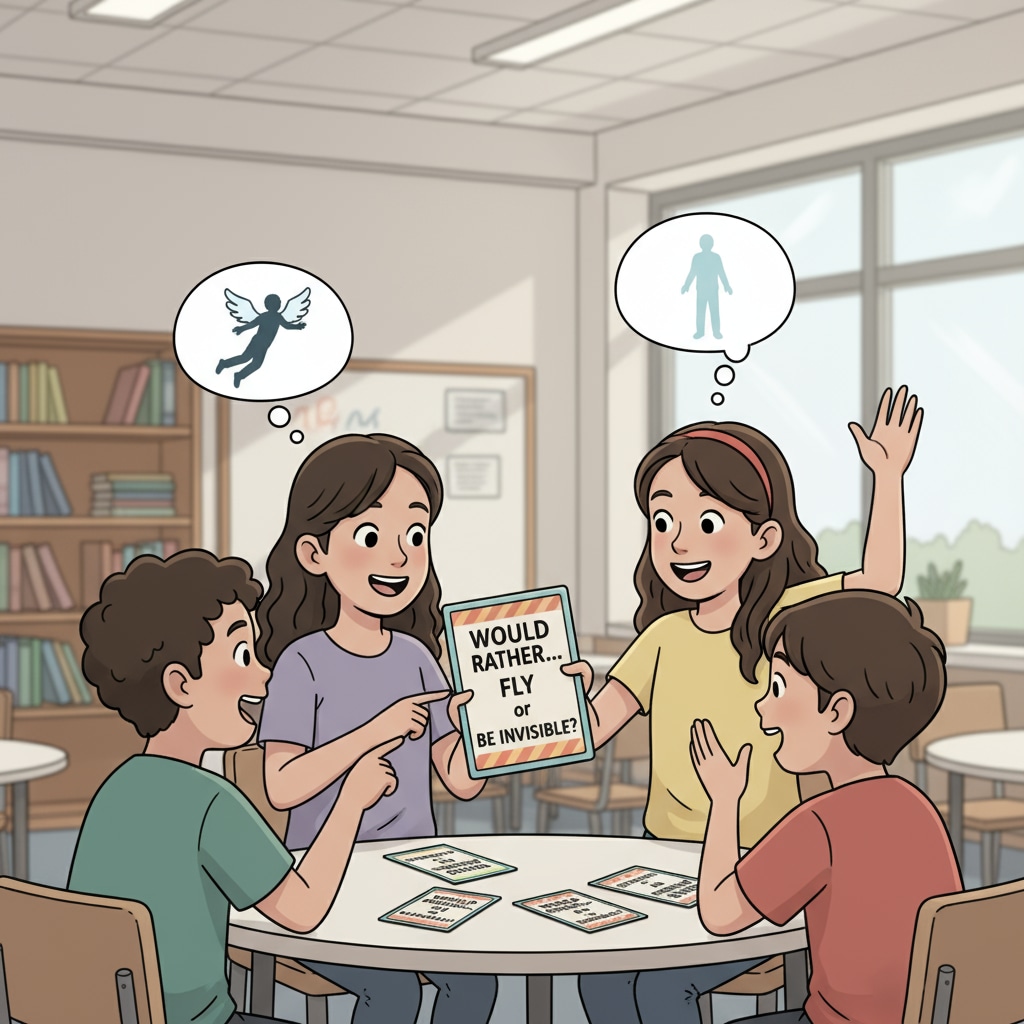 A group of students are actively engaged in a discussion, with excited expressions on their faces, as they consider different 'Would You Rather' questions during a classroom activity. Students participating in 'Would You Rather' classroom activity