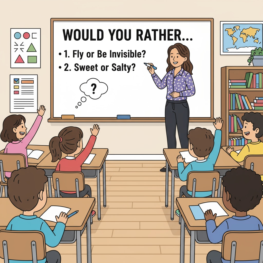 A teacher is standing in front of a whiteboard, writing down 'Would You Rather' questions, ready to start an interactive session with the students. Teacher presenting 'Would You Rather' questions in the classroom