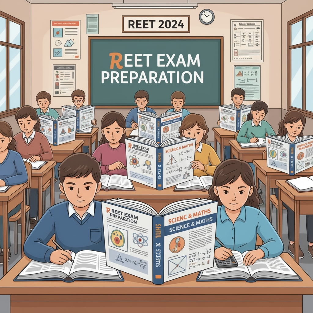Students are seen sitting at desks, intently studying science and math textbooks as they prepare for the REET exams. Students studying science and math textbooks for REET exams