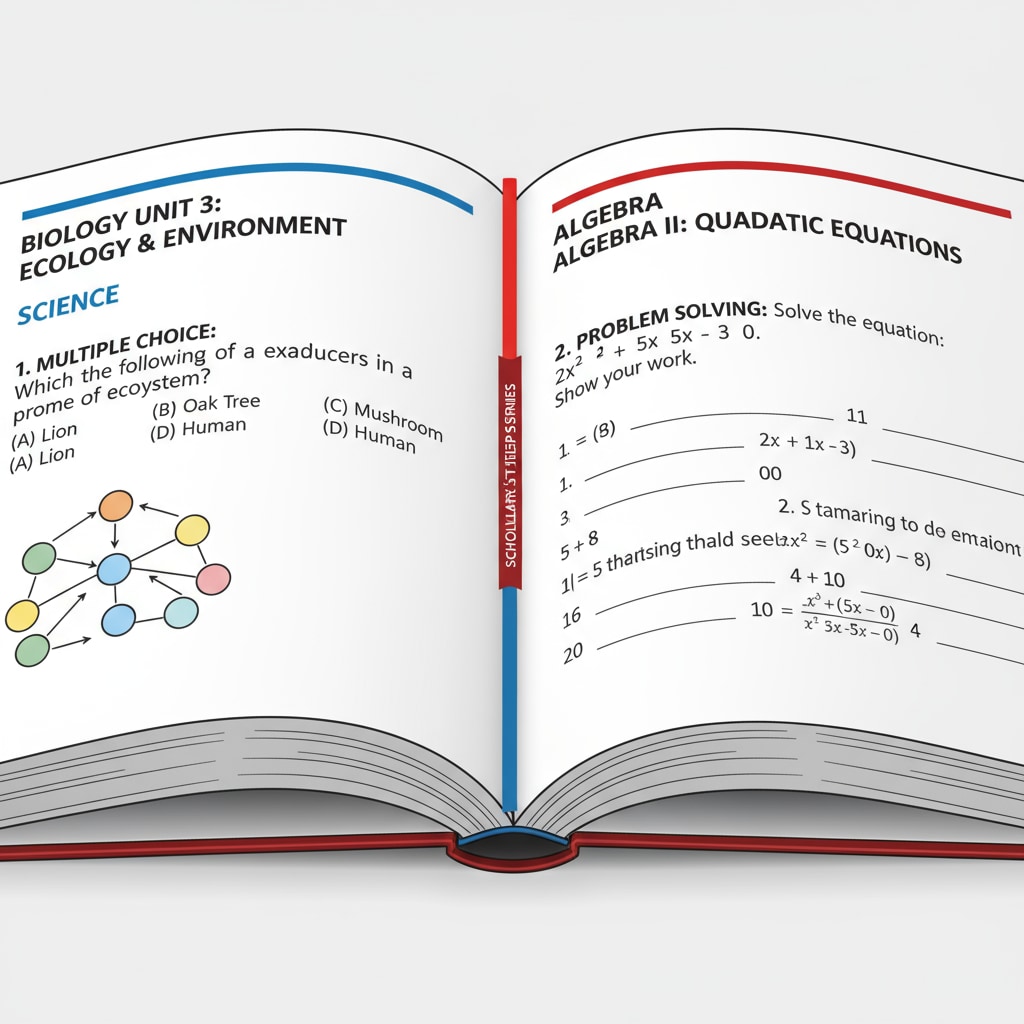 A close-up view of the pages of science and math test series books, showing sample questions and exercises. A close-up of science and math test series book pages