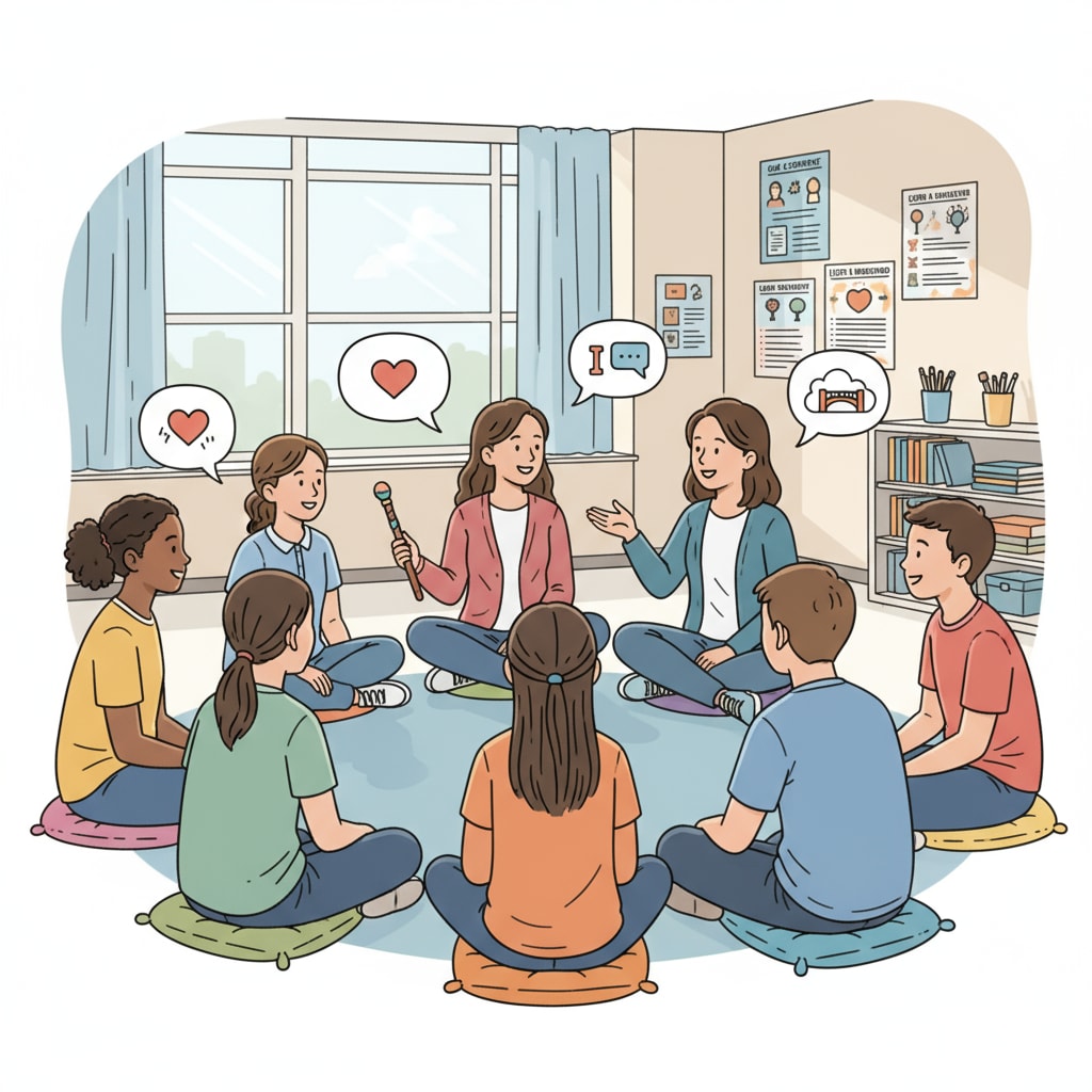 Classroom with students in a restorative discussion relevant to restorative discipline, parental expectations, and school policies