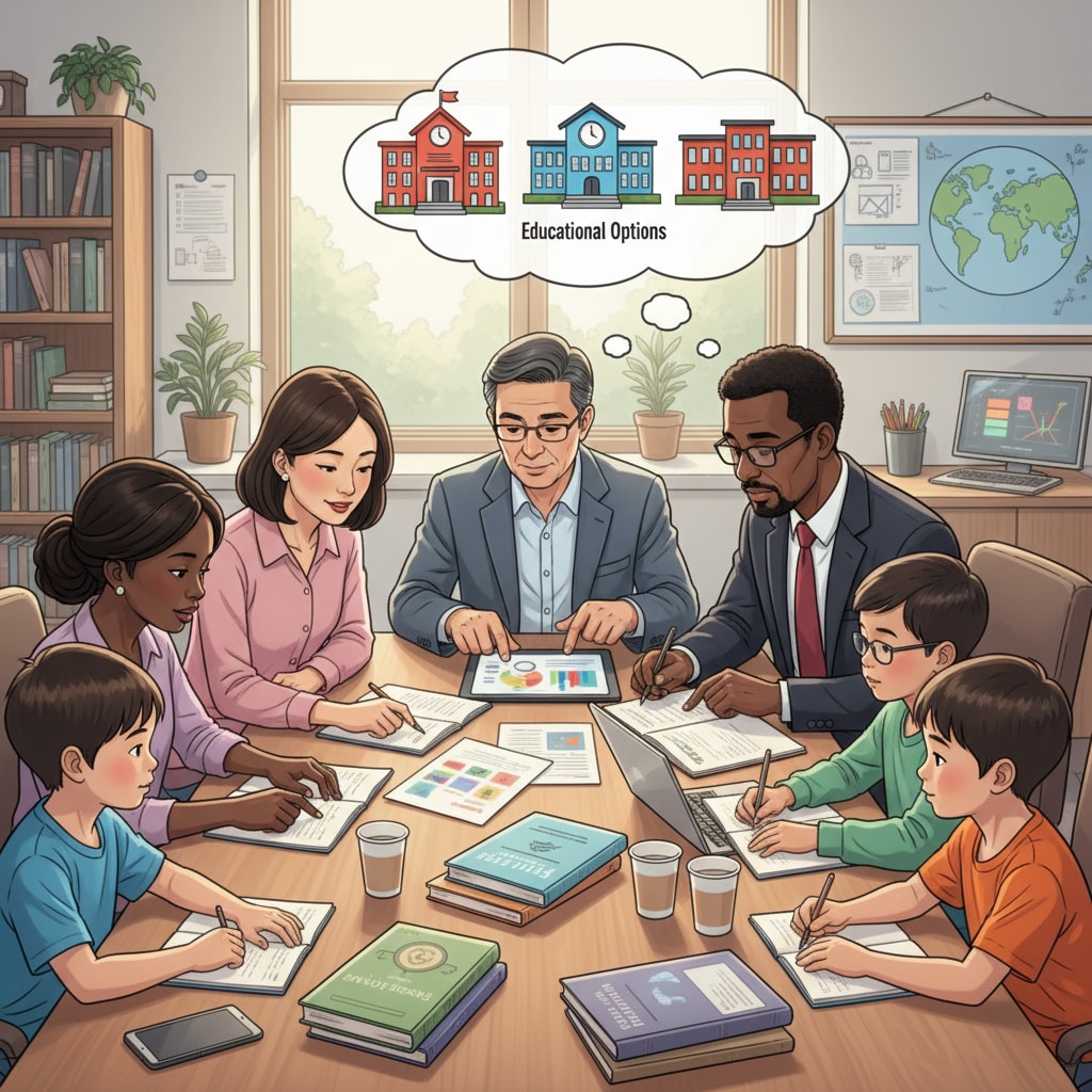 Non-white parents and children discussing educational investment and curriculum relevance