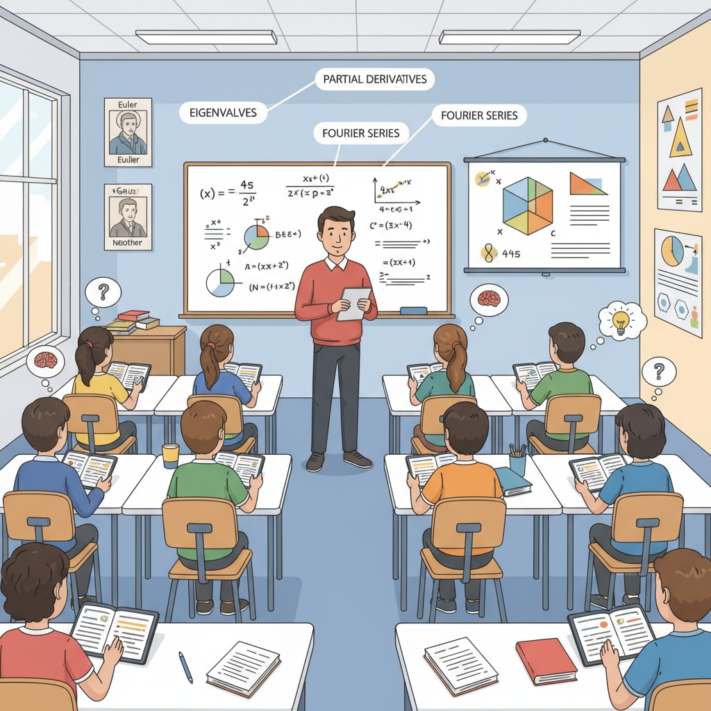 A classroom setting showing the teaching of advanced mathematics, highlighting the practicality discussion.