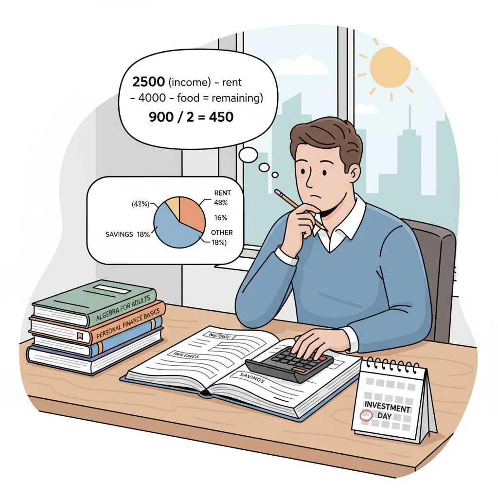 A person applying basic math skills in a financial planning situation, relevant to the practicality of math in daily life.