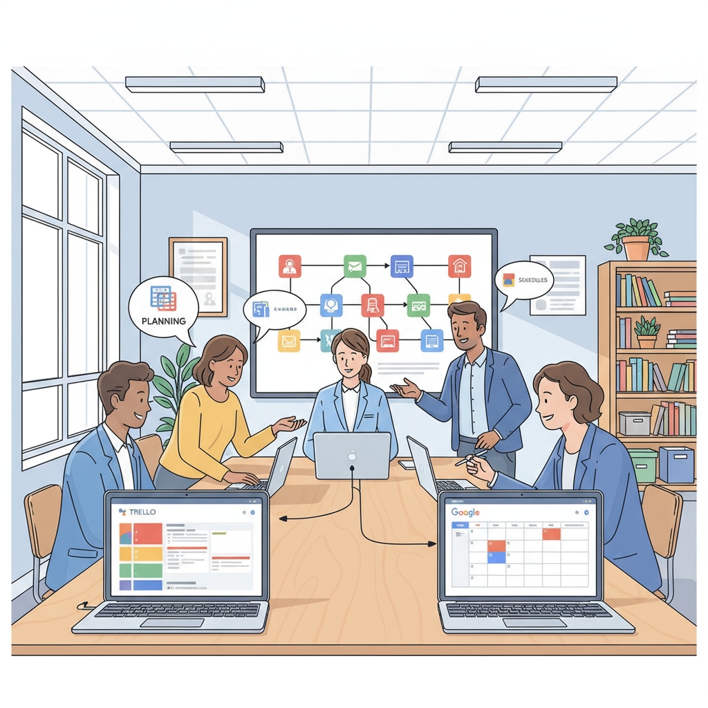A group of teachers are gathered around laptops, using digital tools like Trello and Google Calendar to plan their teaching schedules in a modern, well-lit classroom. Teachers using digital time management tools for enhanced teaching efficiency