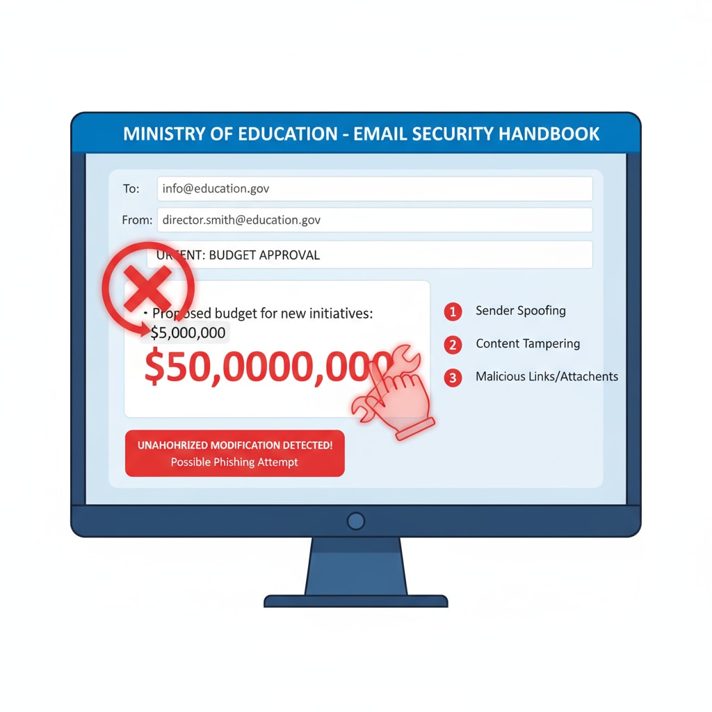 Illustration of unauthorized email modification in the Ministry of Education related to federal unions, government shutdown