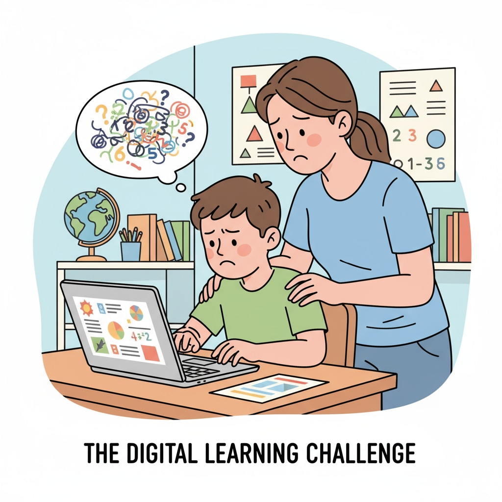 A child struggling with digital math learning on a Chromebook with concerned parent