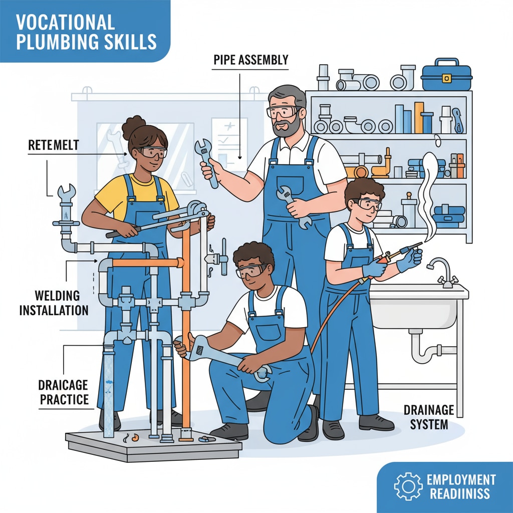 Students practicing plumbing skills in vocational training, related to vocational training, investment in skills, and employment prospects