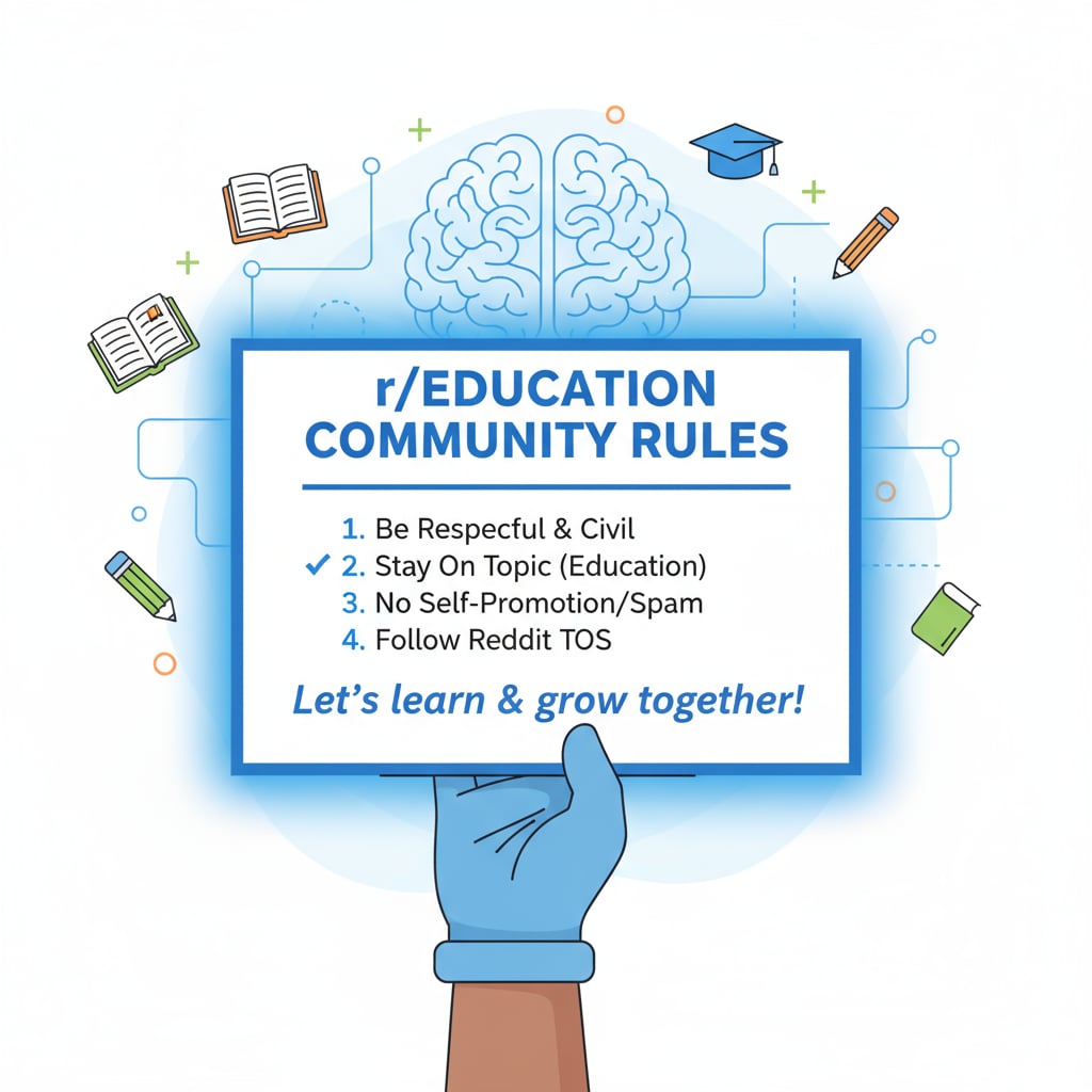 Illustration of hand holding sign with Reddit education community rules
