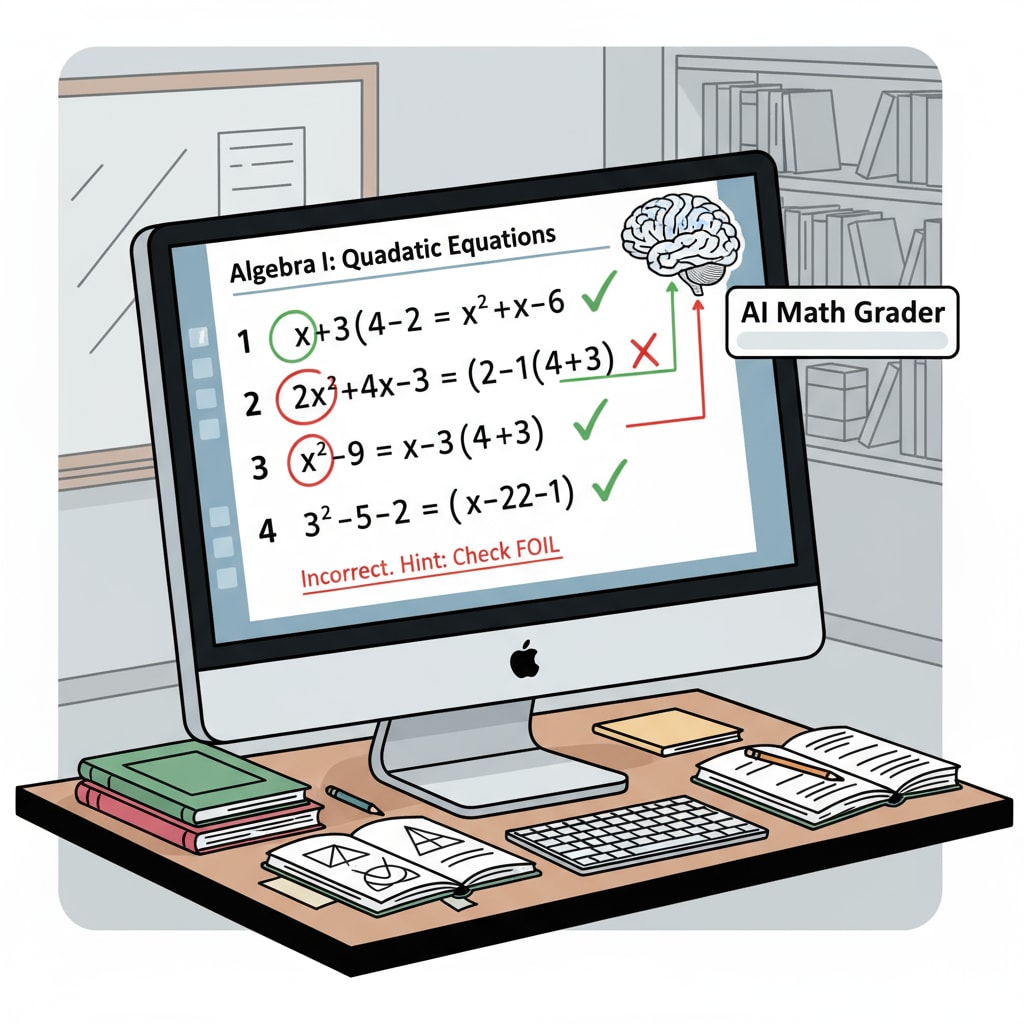 An illustration of a teacher using an AI math grading tool to save time and manage work burden.
