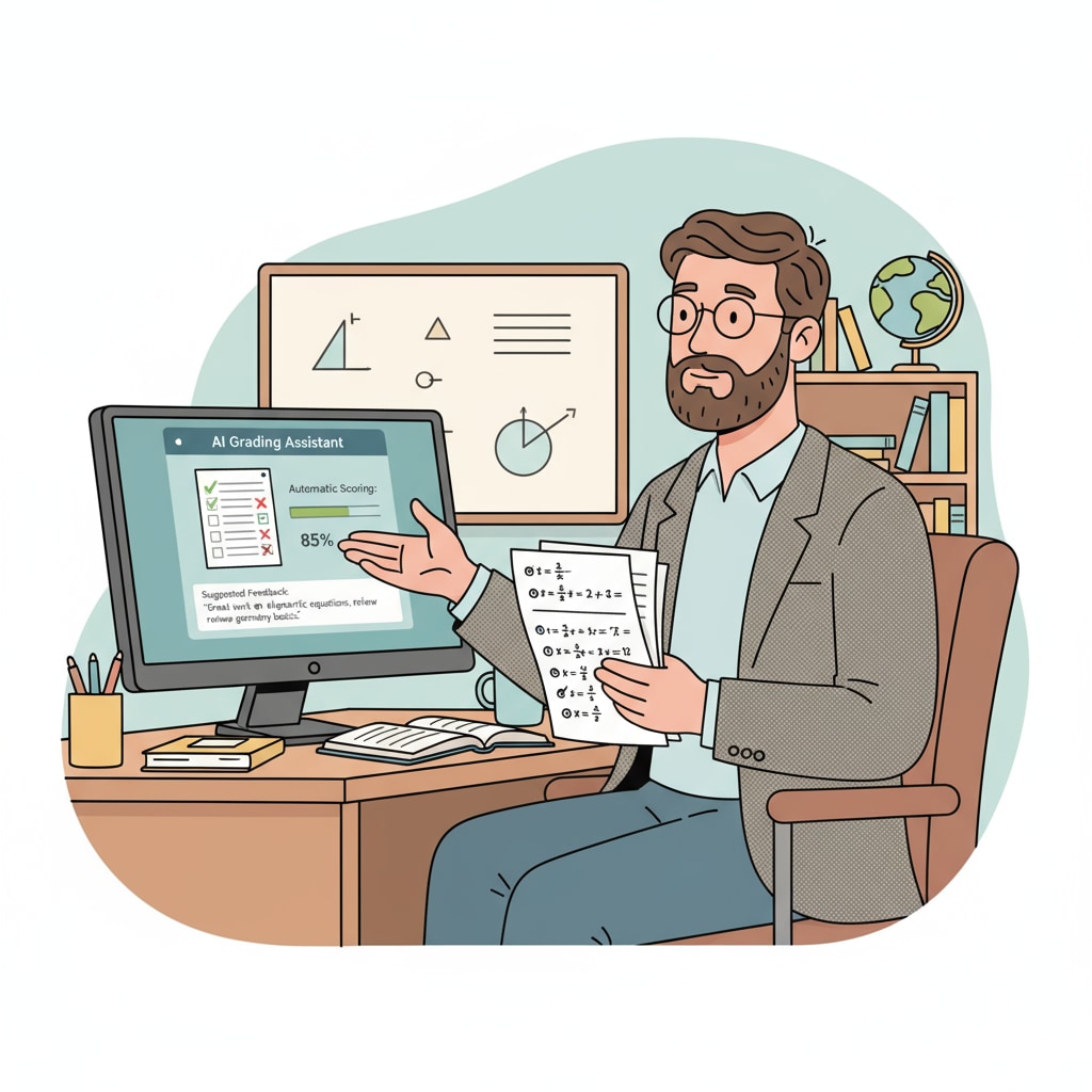 A teacher reviewing AI graded math assignments as part of their shifted workload.