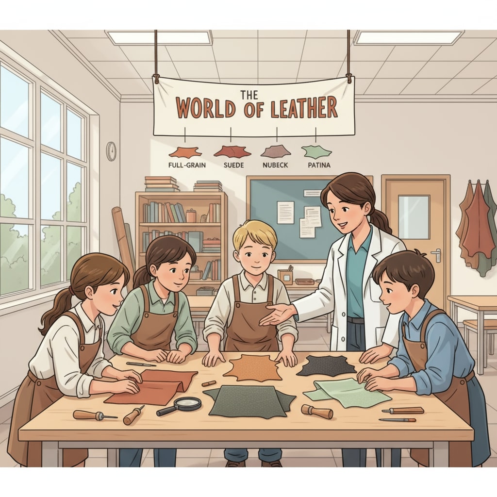 Children observing leather materials in a leather education setting