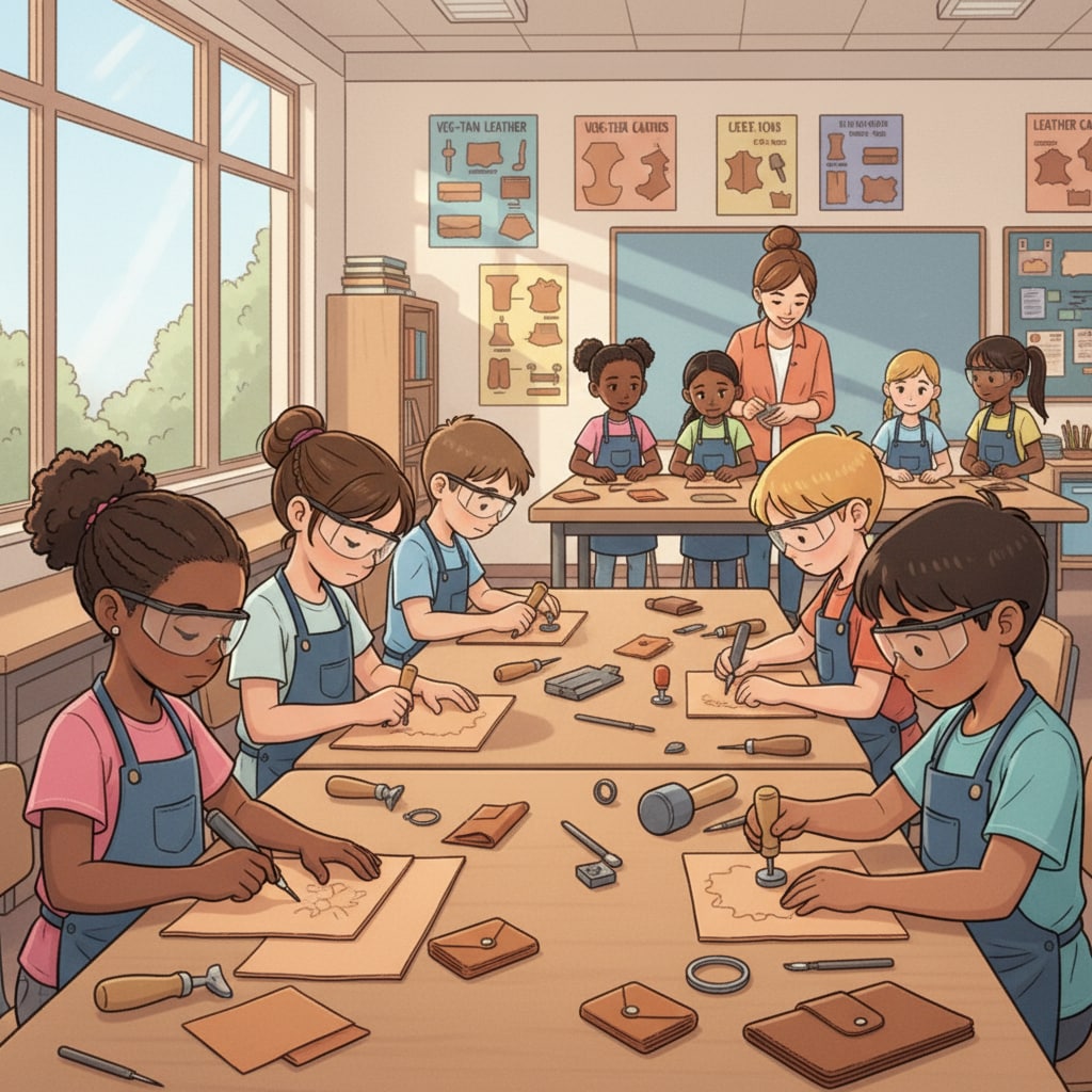 Children practicing leather cutting and shaping in a leather education class