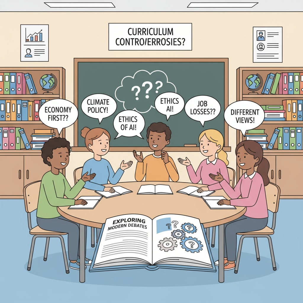 A classroom scene representing public education controversies, parent complaints, teacher challenges, and curriculum disputes