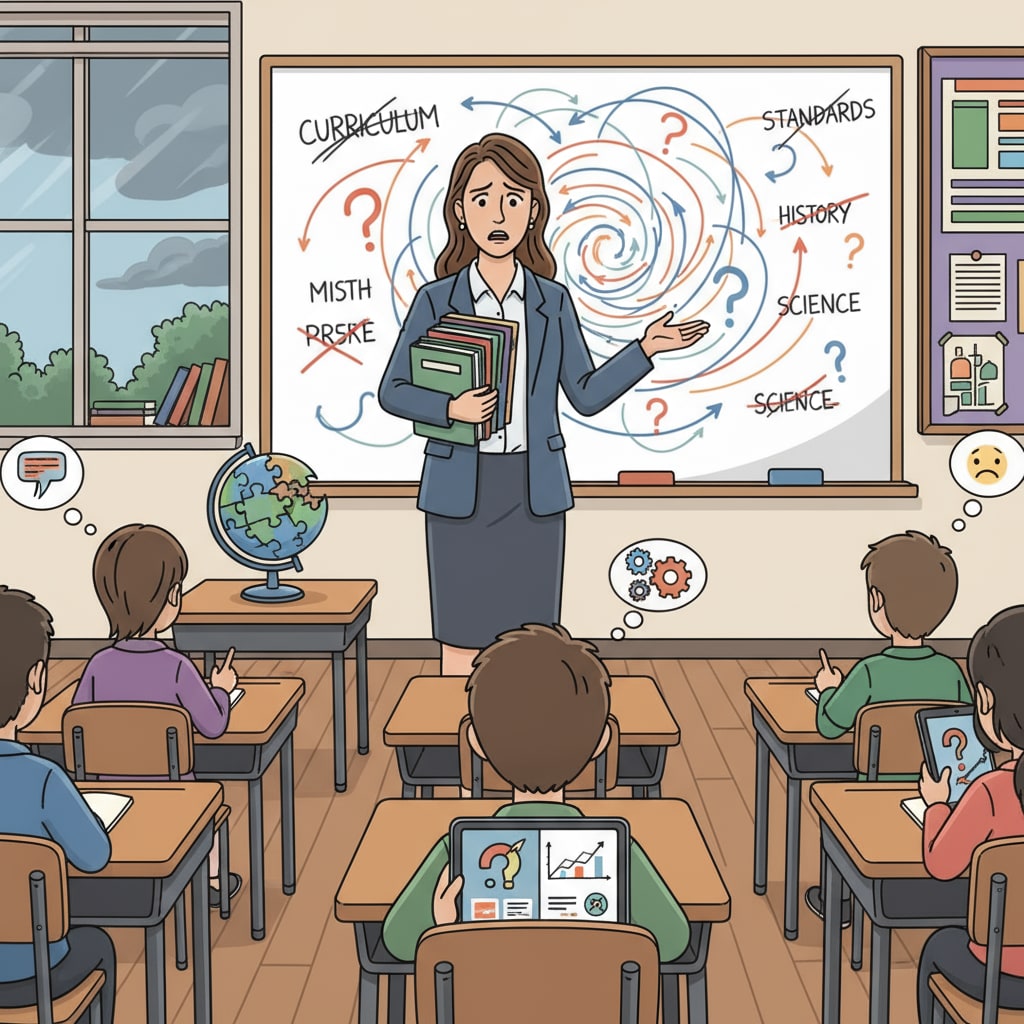 A teacher facing challenges in the context of public education controversies, parent complaints, teacher challenges, and curriculum disputes