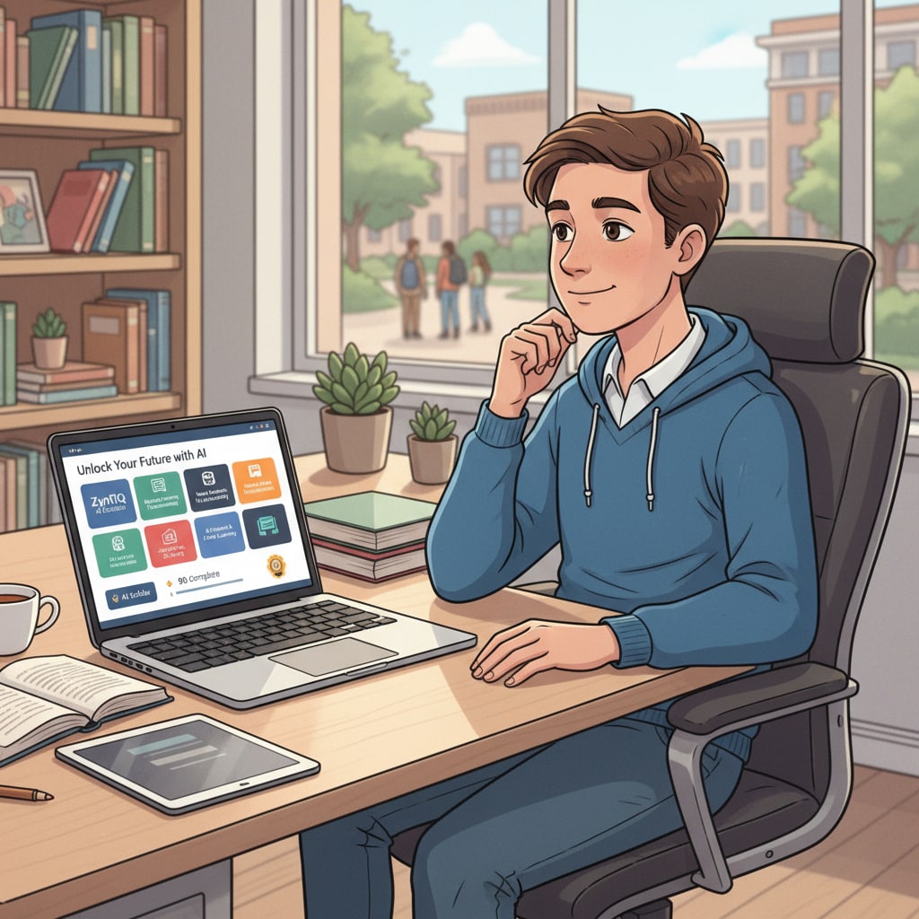Student accessing AI education courses with ZynTiQ's lifetime membership and aiming for course certification
